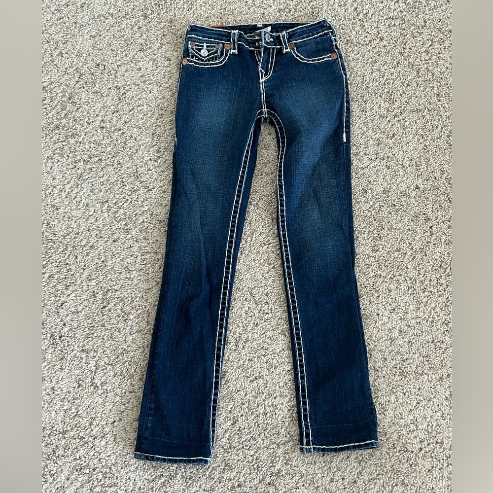 True Religion Medium Wash Skinny Blue Jeans With White Stitching- Girls Size 14